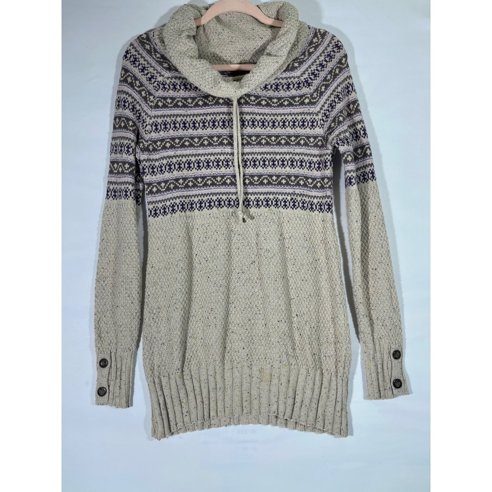Maurices Fair Isle Cowl Neck Sweater Women M Beige Multi Color Boho‎ Tunic Cozy